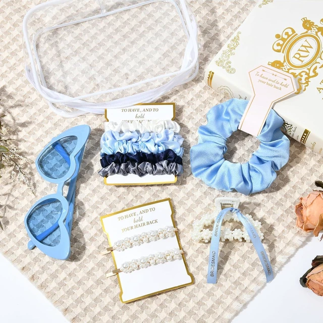 Alt view image 7 of 7 - Pearl Gift Set Bridesmaid Proposal Bag Clear Makeup Toiletry Bag Pearl Clips Hair Claw Clips Scrunchies Sunglasses Bachelorette Party Favors Bridal Wedding Party Gifts (Blue)