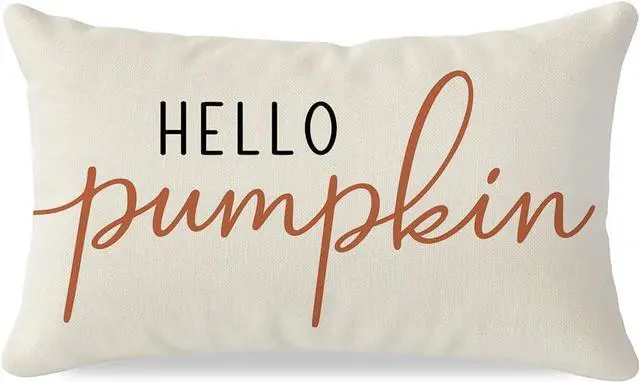 Main image of Fall Pillow Covers 12x20 Inch, Hello Pumpkin Decor, Cream