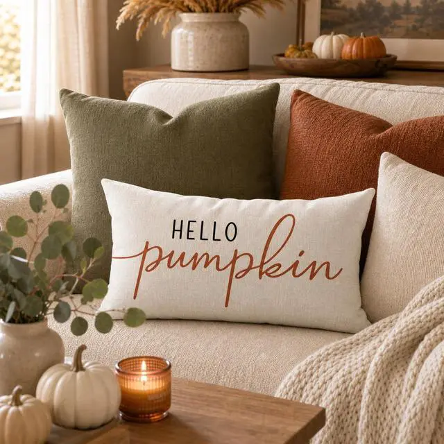 Alt view image 3 of 7 - Fall Pillow Covers 12x20 Inch, Hello Pumpkin Decor, Cream