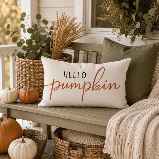 Alt view image 2 of 7 - Fall Pillow Covers 12x20 Inch, Hello Pumpkin Decor, Cream