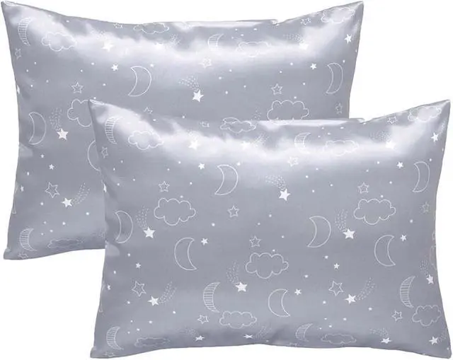 Main image of 2 Pack Toddler Pillow Cases Baby Silk Satin Pillowcases 49 x 36cm Cot Bed Envelope Pillow Cover Kids Soft Travel Pillow Pair Cases for Boys Girls Machine Washable (Grey Cloud Moon)