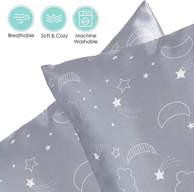 Alt view image 3 of 7 - 2 Pack Toddler Pillow Cases Baby Silk Satin Pillowcases 49 x 36cm Cot Bed Envelope Pillow Cover Kids Soft Travel Pillow Pair Cases for Boys Girls Machine Washable (Grey Cloud Moon)