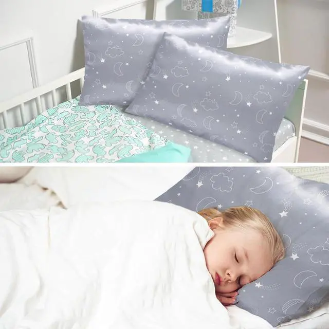 Alt view image 6 of 7 - 2 Pack Toddler Pillow Cases Baby Silk Satin Pillowcases 49 x 36cm Cot Bed Envelope Pillow Cover Kids Soft Travel Pillow Pair Cases for Boys Girls Machine Washable (Grey Cloud Moon)