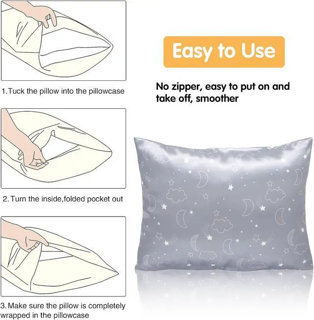 Alt view image 7 of 7 - 2 Pack Toddler Pillow Cases Baby Silk Satin Pillowcases 49 x 36cm Cot Bed Envelope Pillow Cover Kids Soft Travel Pillow Pair Cases for Boys Girls Machine Washable (Grey Cloud Moon)