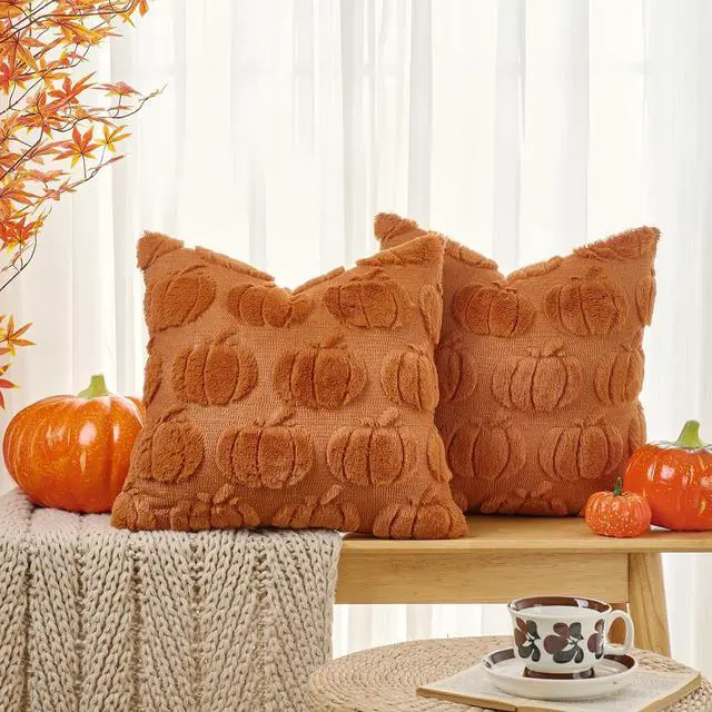 Alt view image 2 of 6 - Pumpkin Fall Throw Pillow Covers 20x20 Set of 2, Rust Decorative Faux Fur Cushion Covers, Fluffy Plush Accent Pillowcases for Autumn Harvest Farmhouse Couch Decor