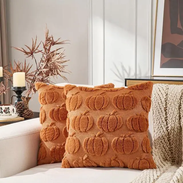 Alt view image 3 of 6 - Pumpkin Fall Throw Pillow Covers 20x20 Set of 2, Rust Decorative Faux Fur Cushion Covers, Fluffy Plush Accent Pillowcases for Autumn Harvest Farmhouse Couch Decor