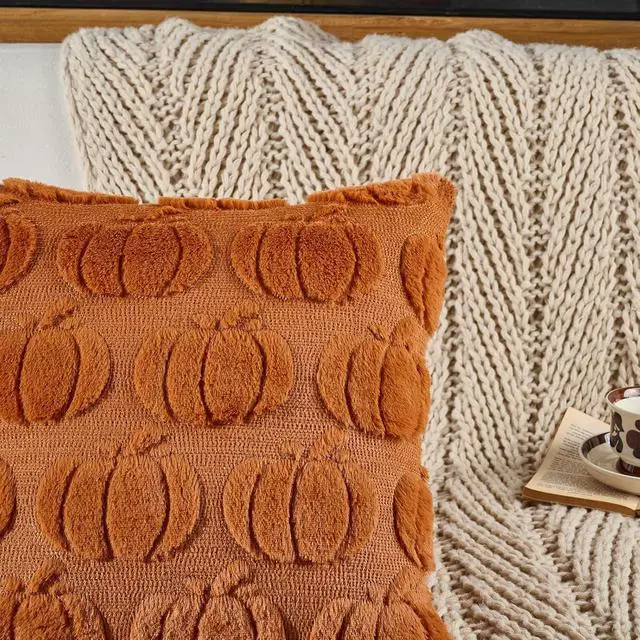 Alt view image 4 of 6 - Pumpkin Fall Throw Pillow Covers 20x20 Set of 2, Rust Decorative Faux Fur Cushion Covers, Fluffy Plush Accent Pillowcases for Autumn Harvest Farmhouse Couch Decor