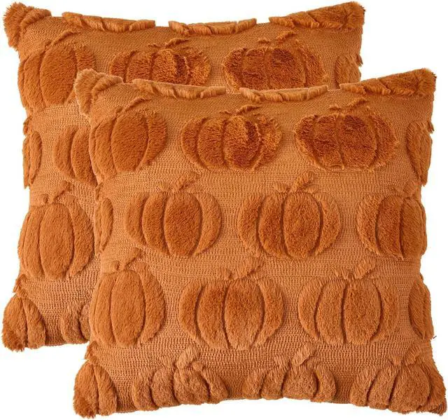 Alt view image 6 of 6 - Pumpkin Fall Throw Pillow Covers 20x20 Set of 2, Rust Decorative Faux Fur Cushion Covers, Fluffy Plush Accent Pillowcases for Autumn Harvest Farmhouse Couch Decor