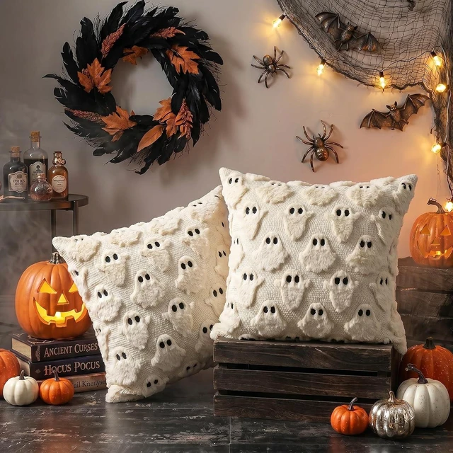 Alt view image 5 of 6 - Halloween Pillow Covers 18x18 inch 2Pcs Beige Ghost Halloween Decor