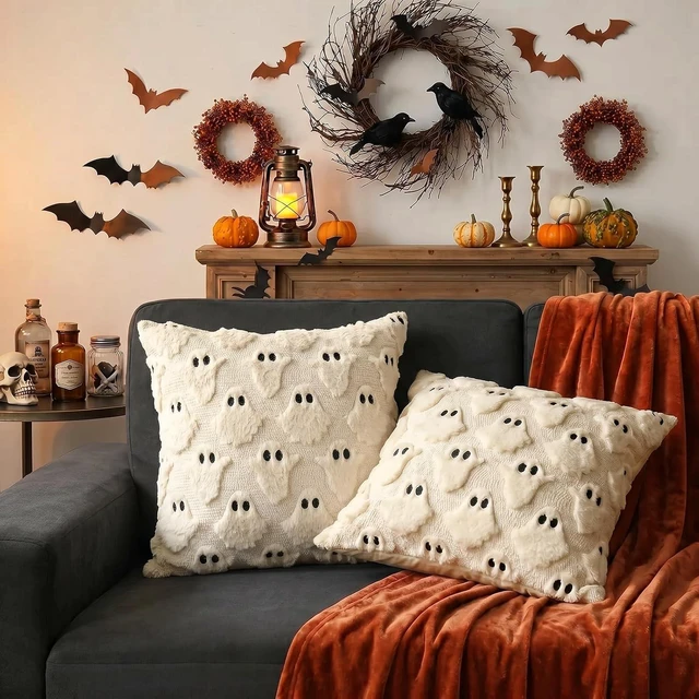Alt view image 6 of 6 - Halloween Pillow Covers 18x18 inch 2Pcs Beige Ghost Halloween Decor