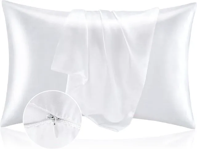 Main image of Satin Pillowcase with Zipper 2 Pack, White Pillow Cases Standard Size, Super Soft and Cooling Similar to Silk Pillow Cases, Gift for Women Men(20x26 Inches)