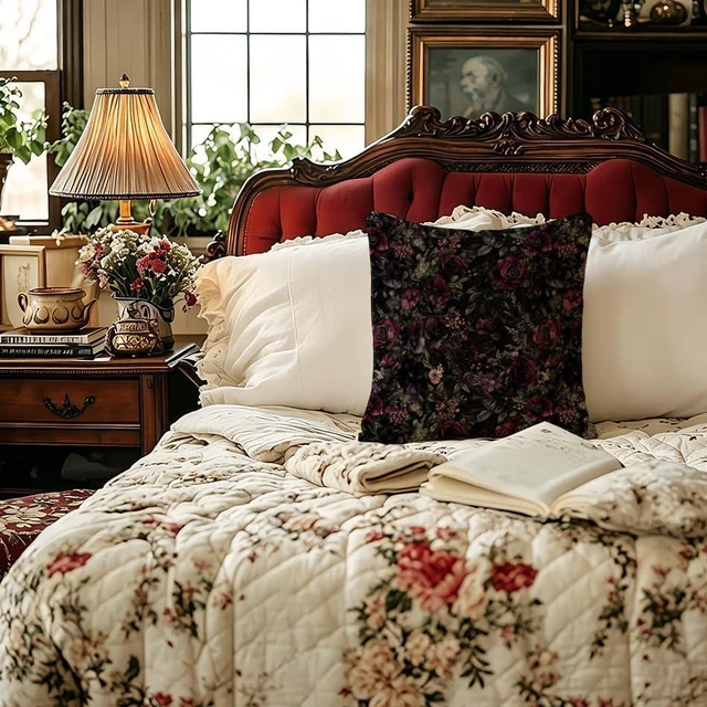 Alt view image 4 of 6 - Deep Burgundy Rose Floral Decorative Throw Pillow Covers 18x18