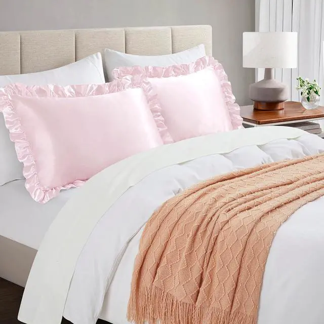 Alt view image 2 of 7 - Blush Pink Satin Ruffled Pillow Cases for Hair and Skin,Blush Pink Silk Pillowcases Standard Set of 2 with Envelope Closure Princess Room Decoration