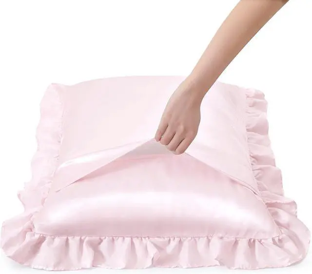 Alt view image 3 of 7 - Blush Pink Satin Ruffled Pillow Cases for Hair and Skin,Blush Pink Silk Pillowcases Standard Set of 2 with Envelope Closure Princess Room Decoration