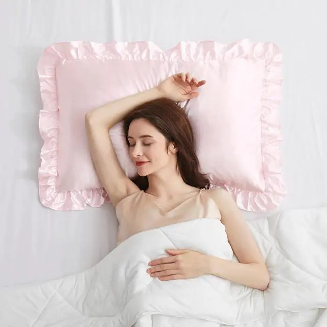Alt view image 6 of 7 - Blush Pink Satin Ruffled Pillow Cases for Hair and Skin,Blush Pink Silk Pillowcases Standard Set of 2 with Envelope Closure Princess Room Decoration