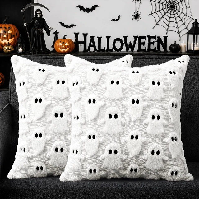 Main image of Halloween Decorations Outdoor Pillow Covers 18x18 inch Set of 2 White Ghost Throw Pillow Cases Soft Plush Faux Fur Wool Decorative Cushion Case for Sofa Couch Bed Chair Living Room Home Decor
