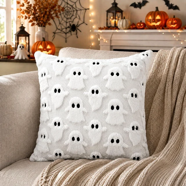 Alt view image 3 of 6 - Halloween Decorations Outdoor Pillow Covers 18x18 inch Set of 2 White Ghost Throw Pillow Cases Soft Plush Faux Fur Wool Decorative Cushion Case for Sofa Couch Bed Chair Living Room Home Decor