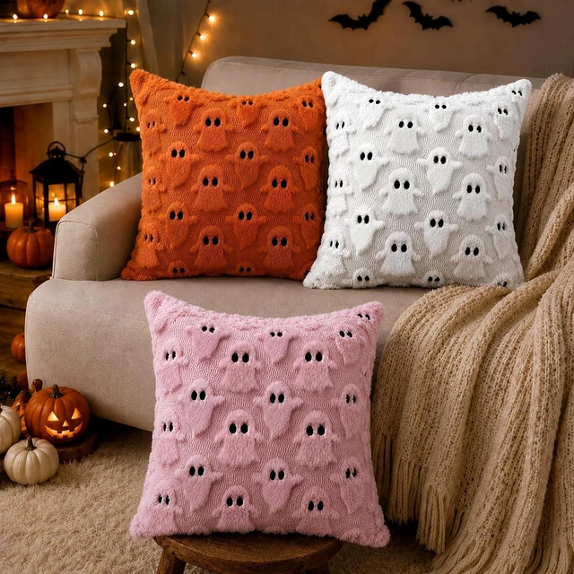 Alt view image 4 of 6 - Halloween Decorations Outdoor Pillow Covers 18x18 inch Set of 2 White Ghost Throw Pillow Cases Soft Plush Faux Fur Wool Decorative Cushion Case for Sofa Couch Bed Chair Living Room Home Decor