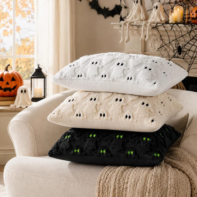 Alt view image 5 of 6 - Halloween Decorations Outdoor Pillow Covers 18x18 inch Set of 2 White Ghost Throw Pillow Cases Soft Plush Faux Fur Wool Decorative Cushion Case for Sofa Couch Bed Chair Living Room Home Decor