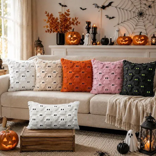 Alt view image 6 of 6 - Halloween Decorations Outdoor Pillow Covers 18x18 inch Set of 2 White Ghost Throw Pillow Cases Soft Plush Faux Fur Wool Decorative Cushion Case for Sofa Couch Bed Chair Living Room Home Decor
