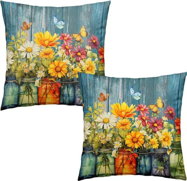 Main image of Daisy Vase Pillow Covers 18x18 Set of 2 Rustic Floral Sunflower Wood Board Decorative Throw Pillow Cases Spring Summer Vintage Flowers Outdoor Pillowcase for Farmhouse Couch Sofa Decor
