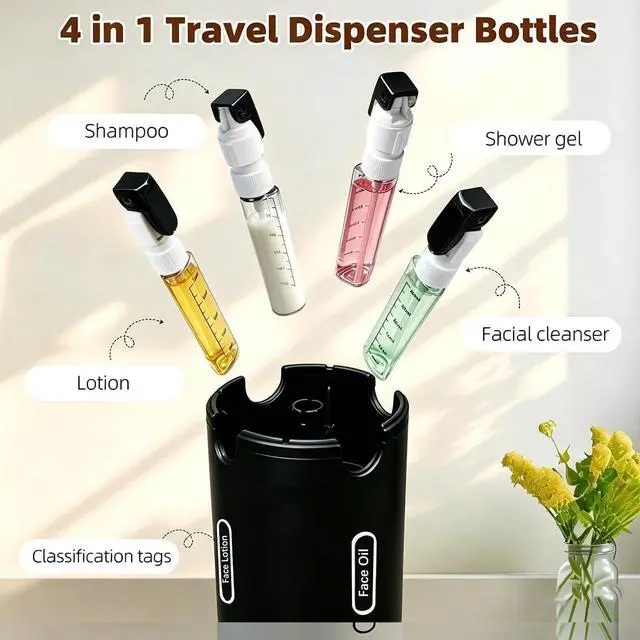 Alt view image 6 of 7 - 4 in 1 Travel Dispenser Bottle, Leakproof Travel Size Toiletries Holder, Refillable Portable Containers for Shampoo Lotion Conditioner Cream Transparent with Label (Black)