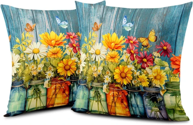 Alt view image 2 of 7 - Daisy Vase Pillow Covers 18x18 Set of 2 Rustic Floral Sunflower Wood Board Decorative Throw Pillow Cases Spring Summer Vintage Flowers Outdoor Pillowcase for Farmhouse Couch Sofa Decor
