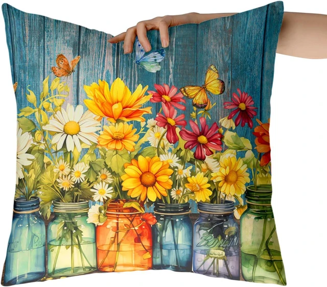 Alt view image 3 of 7 - Daisy Vase Pillow Covers 18x18 Set of 2 Rustic Floral Sunflower Wood Board Decorative Throw Pillow Cases Spring Summer Vintage Flowers Outdoor Pillowcase for Farmhouse Couch Sofa Decor