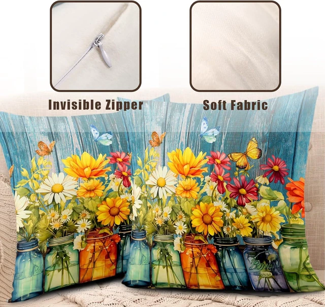 Alt view image 5 of 7 - Daisy Vase Pillow Covers 18x18 Set of 2 Rustic Floral Sunflower Wood Board Decorative Throw Pillow Cases Spring Summer Vintage Flowers Outdoor Pillowcase for Farmhouse Couch Sofa Decor