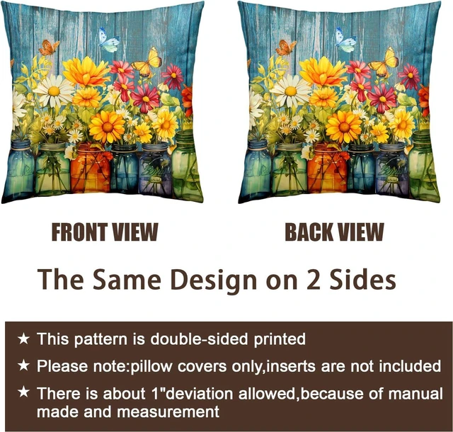 Alt view image 6 of 7 - Daisy Vase Pillow Covers 18x18 Set of 2 Rustic Floral Sunflower Wood Board Decorative Throw Pillow Cases Spring Summer Vintage Flowers Outdoor Pillowcase for Farmhouse Couch Sofa Decor