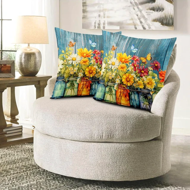 Alt view image 7 of 7 - Daisy Vase Pillow Covers 18x18 Set of 2 Rustic Floral Sunflower Wood Board Decorative Throw Pillow Cases Spring Summer Vintage Flowers Outdoor Pillowcase for Farmhouse Couch Sofa Decor