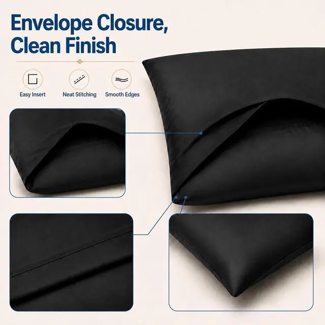 Alt view image 6 of 7 - Black Pillow Cases King Size Set of 4, 20x36 Envelope Closure Pillowcases, Soft Plain Brushed Microfiber Covers Hypoallergenic Breathable