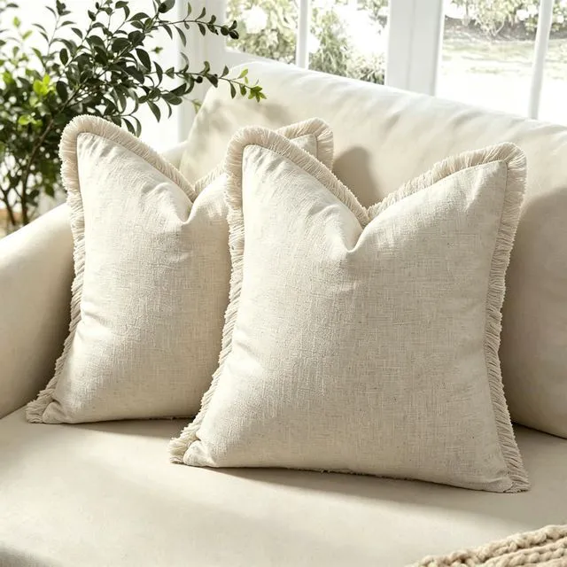 Main image of Fringe Throw Pillow Covers (Beige, 18x18 Inch)