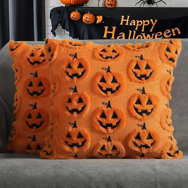 Main image of Halloween Pumpkin Decorative Pillow Covers 18x18 Set of 2, Orange Soft Plush Faux Fur Farmhouse Throw Cushion Cases for Fall Autumn Holiday Home Decorations