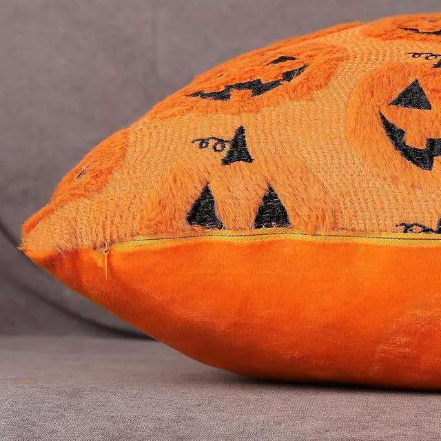 Alt view image 3 of 7 - Halloween Pumpkin Decorative Pillow Covers 18x18 Set of 2, Orange Soft Plush Faux Fur Farmhouse Throw Cushion Cases for Fall Autumn Holiday Home Decorations