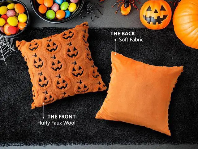 Alt view image 5 of 7 - Halloween Pumpkin Decorative Pillow Covers 18x18 Set of 2, Orange Soft Plush Faux Fur Farmhouse Throw Cushion Cases for Fall Autumn Holiday Home Decorations