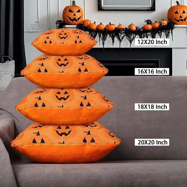 Alt view image 6 of 7 - Halloween Pumpkin Decorative Pillow Covers 18x18 Set of 2, Orange Soft Plush Faux Fur Farmhouse Throw Cushion Cases for Fall Autumn Holiday Home Decorations