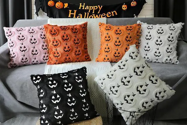 Alt view image 7 of 7 - Halloween Pumpkin Decorative Pillow Covers 18x18 Set of 2, Orange Soft Plush Faux Fur Farmhouse Throw Cushion Cases for Fall Autumn Holiday Home Decorations