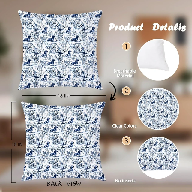 Alt view image 2 of 6 - Chinoiserie Dachshund Pillow Covers 18x18 Double-Sided, Chinoiserie Dachshund Gifts for Women Men, Blue and White Dog Grandmillennial Decorative Throw Pillow Covers Pillowcases