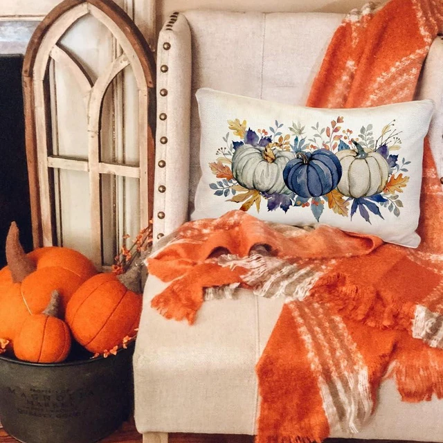 Alt view image 4 of 7 - Fall Pillow Covers 12x20 Blue Pumpkins Fall Decorations for Home