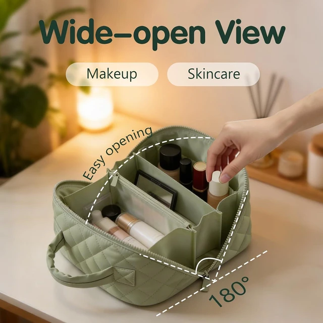 Alt view image 2 of 7 - Travel Makeup Bag Toiletry Bags for Women Small Cute Brush Quilted Skincare Organizer Set My Parallel Toiletries Cosmetic Puffer Fold down Traveling Organizers Mini Purse Skin Care Lay Flat