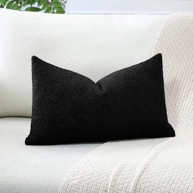 Alt view image 3 of 7 - Set of 1 Textured Boucle Throw Pillow Covers Lumbar Pillow Cases Cozy Soft Decorative Couch Cushion Case for Chair Sofa Bedroom Living Room Home Decor 12 x 20 Inch, Black