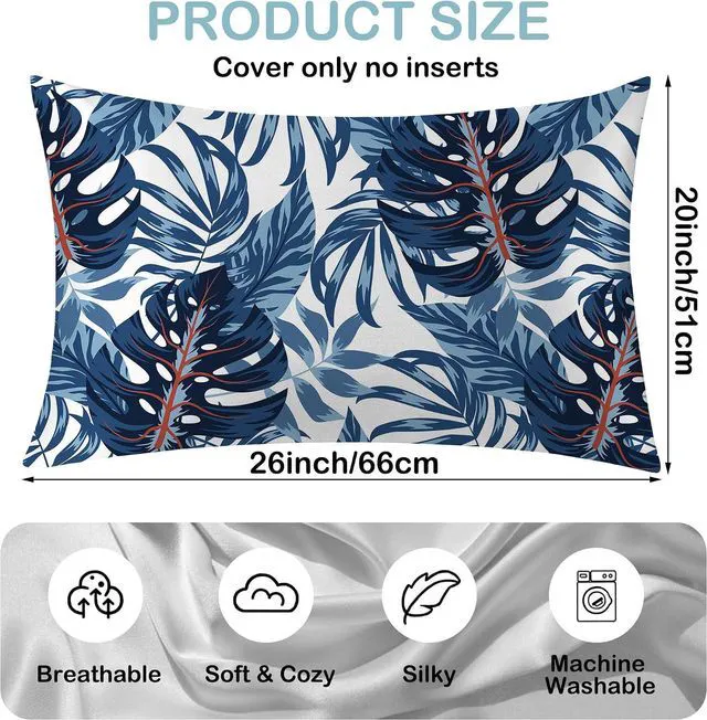 Alt view image 2 of 7 - 1 Pack Satin Pillowcase for Hair and Skin Tropical Blue Plant Exotic Leaves Imitation Silk Pillowcase 20" x 26" with Hidden Zipper Soft Smooth Cooling Pillow Cover Standard Size for Bedroom Sofa