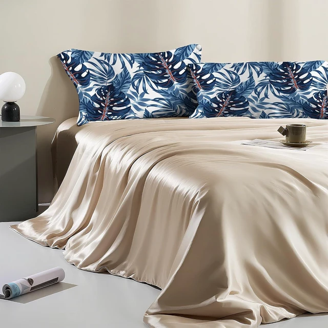 Alt view image 6 of 7 - 1 Pack Satin Pillowcase for Hair and Skin Tropical Blue Plant Exotic Leaves Imitation Silk Pillowcase 20" x 26" with Hidden Zipper Soft Smooth Cooling Pillow Cover Standard Size for Bedroom Sofa