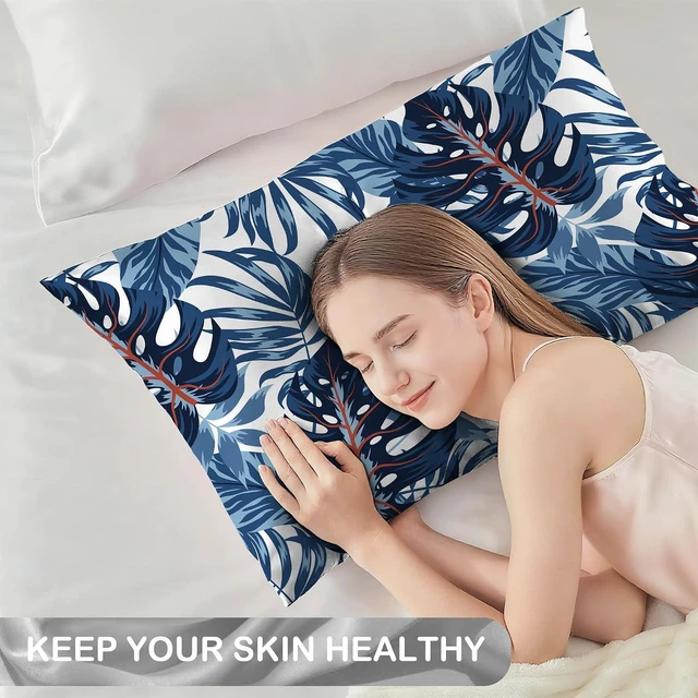 Alt view image 3 of 7 - 1 Pack Satin Pillowcase for Hair and Skin Tropical Blue Plant Exotic Leaves Imitation Silk Pillowcase 20" x 26" with Hidden Zipper Soft Smooth Cooling Pillow Cover Standard Size for Bedroom Sofa