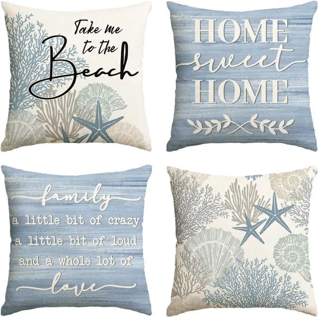 Main image of Summer Take Me to The Beach Coral Starfish Throw Pillow Covers, 18 x 18 Inch Home Sweet Home Motto Blue Cushion Case for Sofa Couch Set of 4