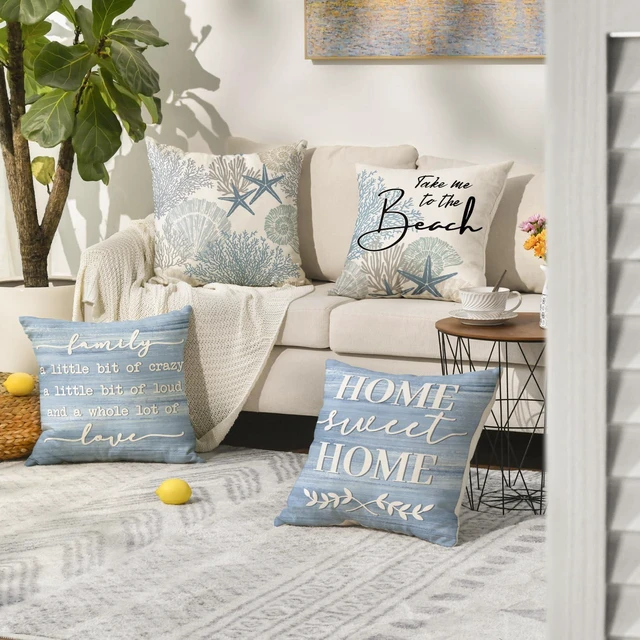 Alt view image 2 of 7 - Summer Take Me to The Beach Coral Starfish Throw Pillow Covers, 18 x 18 Inch Home Sweet Home Motto Blue Cushion Case for Sofa Couch Set of 4