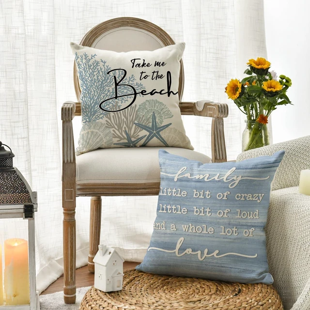 Alt view image 3 of 7 - Summer Take Me to The Beach Coral Starfish Throw Pillow Covers, 18 x 18 Inch Home Sweet Home Motto Blue Cushion Case for Sofa Couch Set of 4