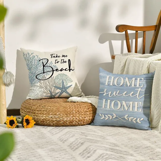 Alt view image 4 of 7 - Summer Take Me to The Beach Coral Starfish Throw Pillow Covers, 18 x 18 Inch Home Sweet Home Motto Blue Cushion Case for Sofa Couch Set of 4