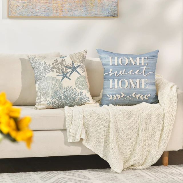 Alt view image 5 of 7 - Summer Take Me to The Beach Coral Starfish Throw Pillow Covers, 18 x 18 Inch Home Sweet Home Motto Blue Cushion Case for Sofa Couch Set of 4